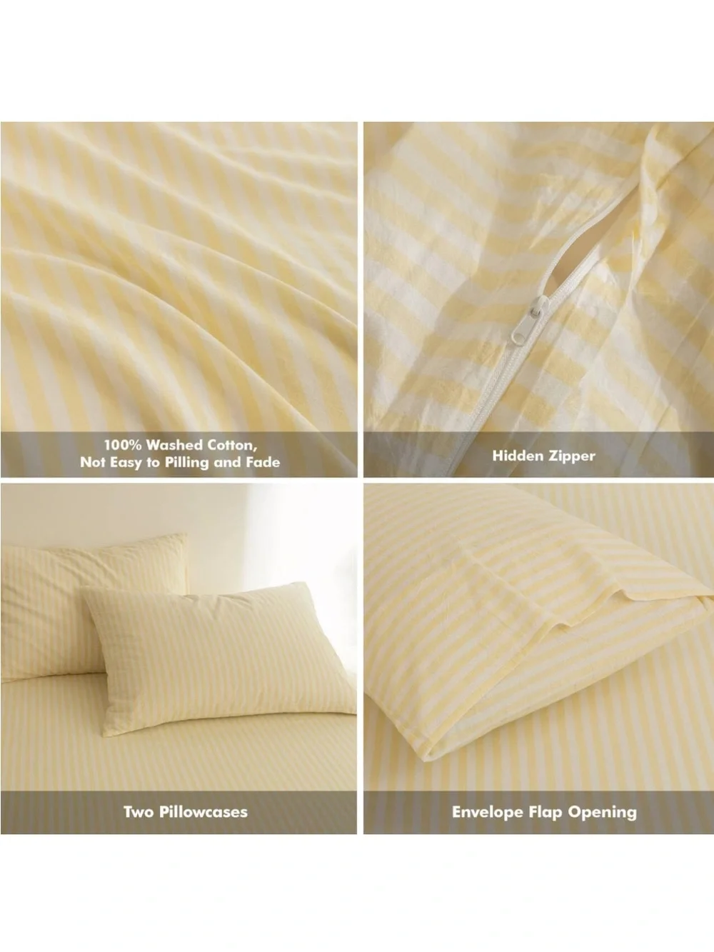 NEW FOSSA 100% Washed Cotton Striped Duvet Cover Set. Linen-Like. Pale Yellow